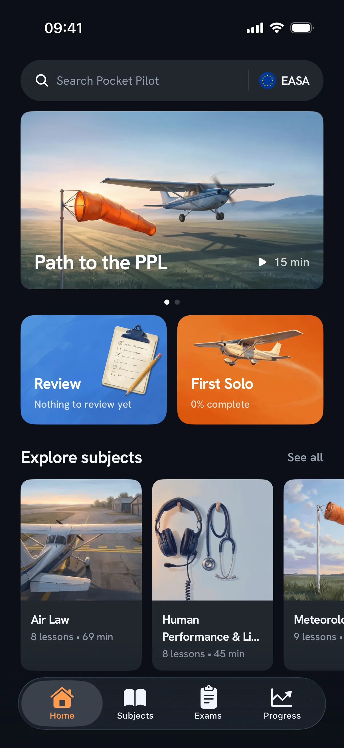 Pocket Pilot home screen, with the Path to the PPL course and the subject library