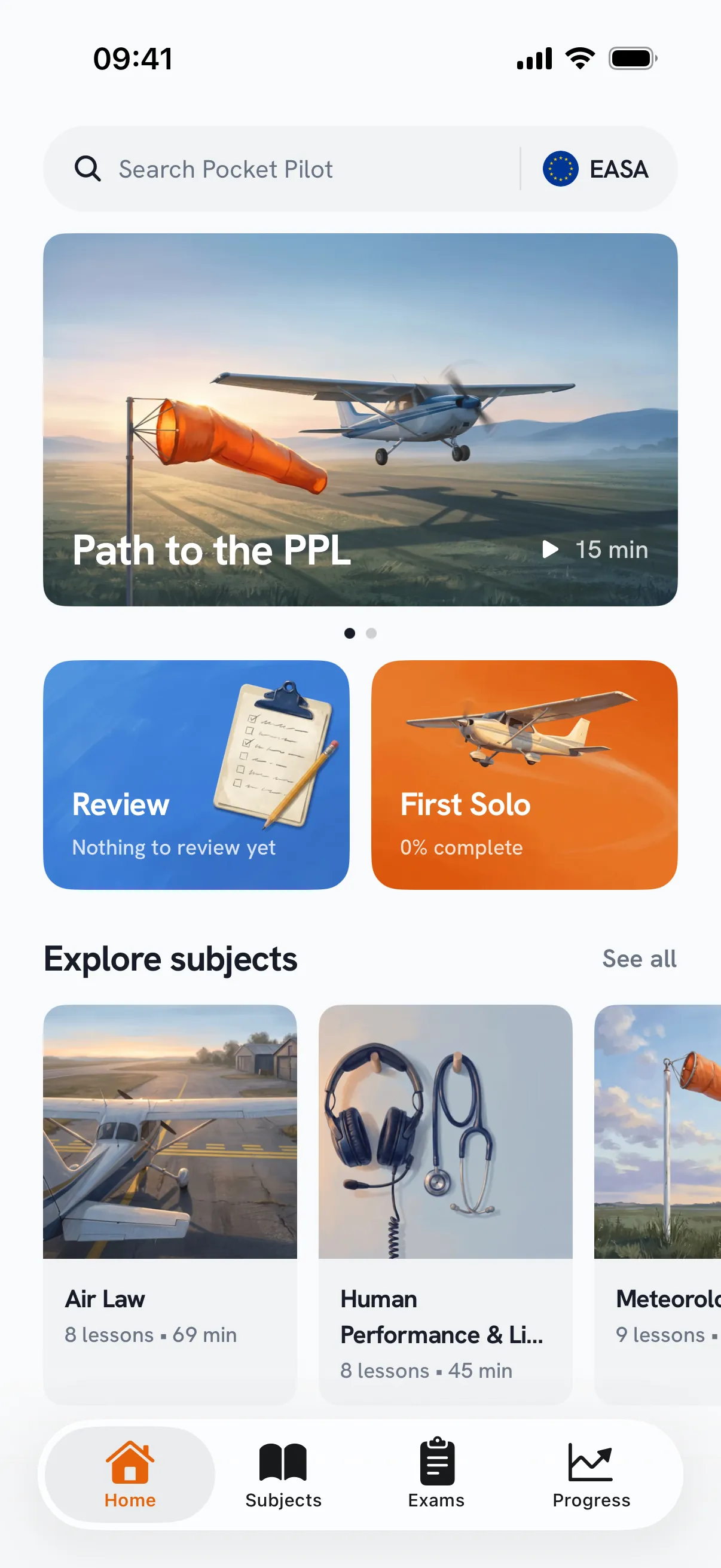Pocket Pilot home screen, with the Path to the PPL course and the subject library