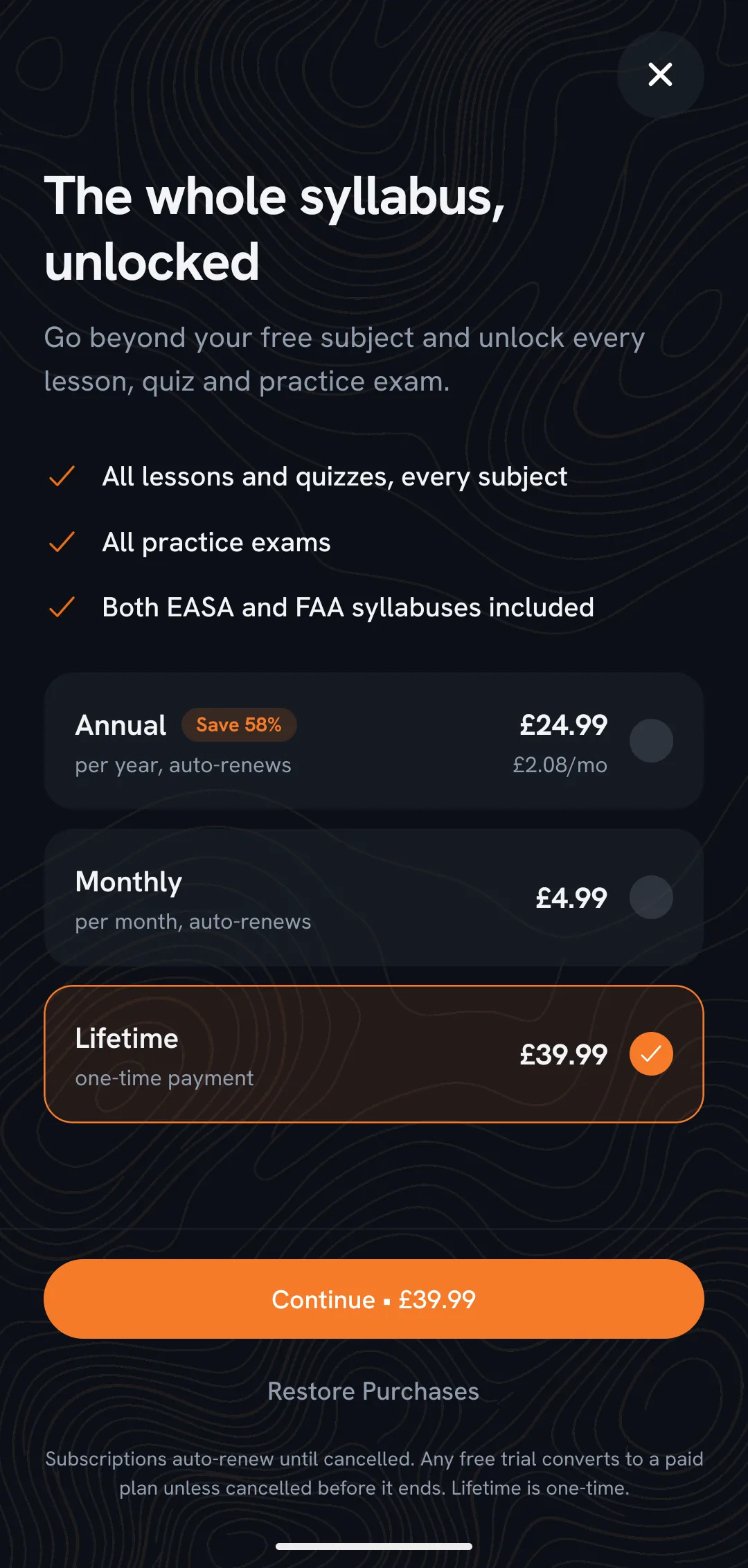 Pocket Pilot unlock screen with the Lifetime plan selected