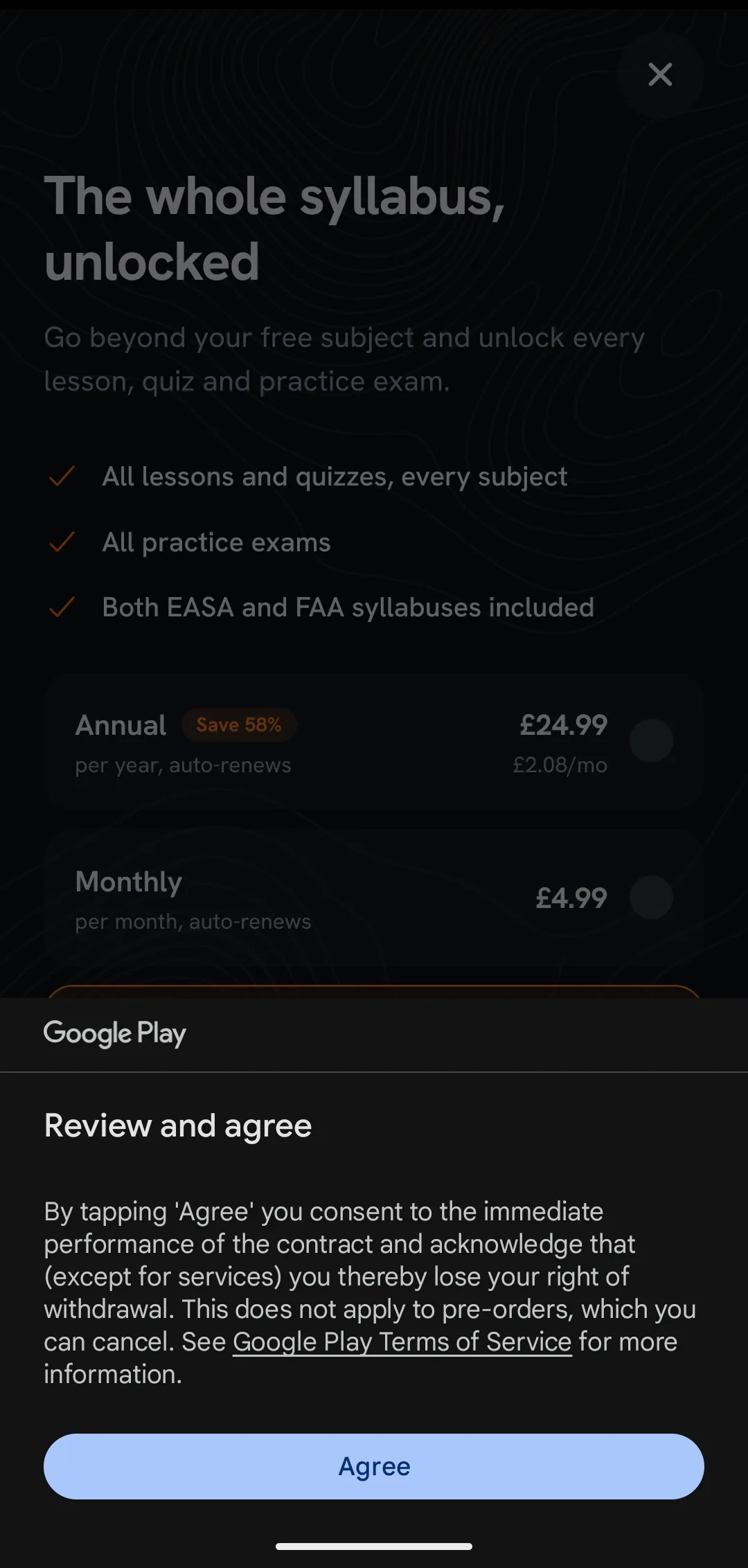 Google Play review-and-agree sheet shown before a first purchase