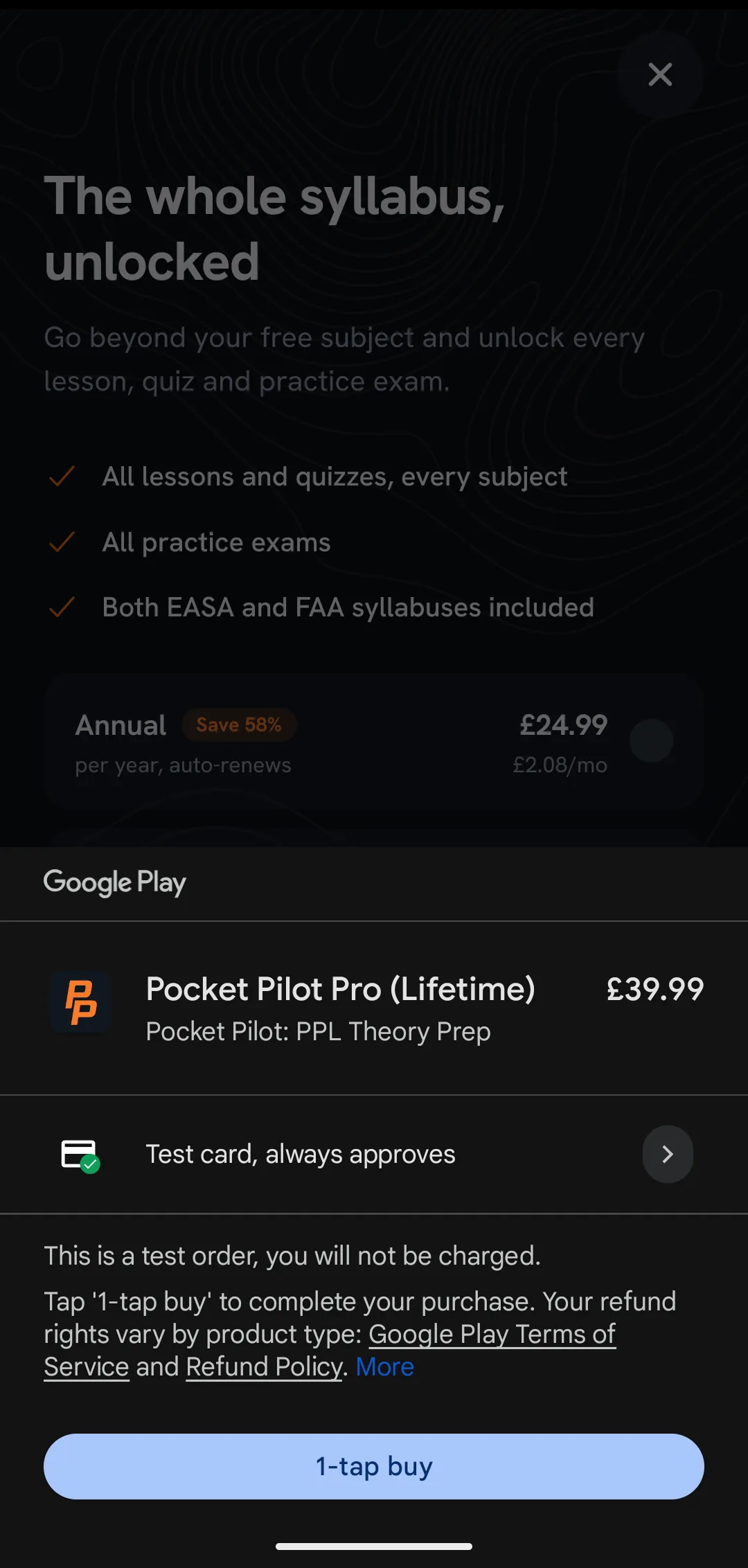 Google Play purchase sheet showing the test card payment method